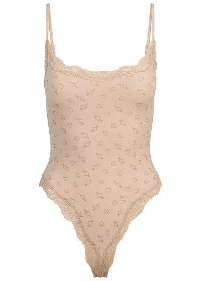 Skims Printed Lace-trim Stretch-jersey Bodysuit In Neutral