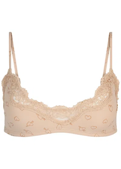 Skims Printed Lace-trim Stretch-jersey Bralette In Neutral