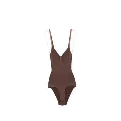 Skims Ruched-detail Sleeveless Bodysuit In Brown