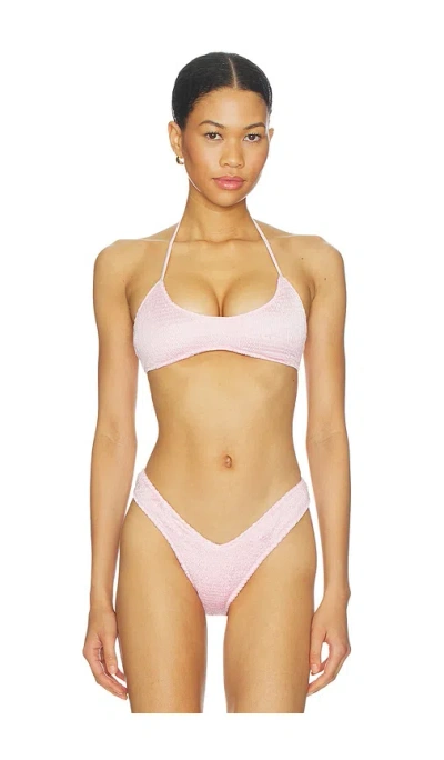 Skims Satin Swim Smocked Scoop Bikini Top In Pink