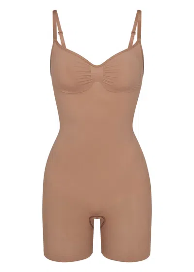 Skims Seamless Sculpt Mid-thigh Bodysuit In Brown
