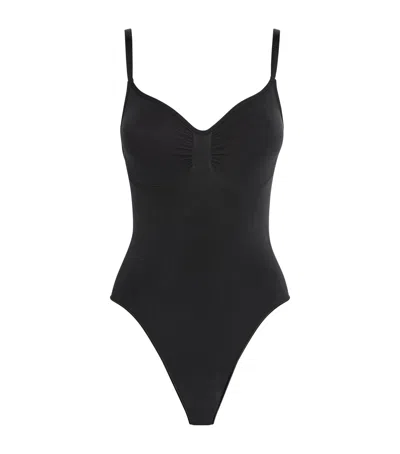 Skims Womens Onyx Scoop-neck Low-back Recycled Stretch-nylon Swimsuit In Brown