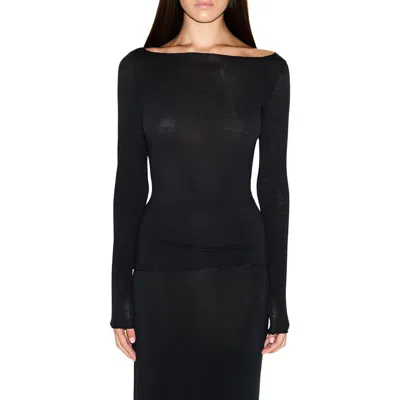 Skims Sheer Modal Blend Long Sleeve Boat Neck Top In Black