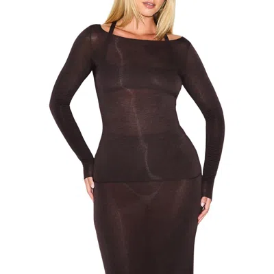 Skims Sheer Modal Blend Long Sleeve Boat Neck Top In Brown