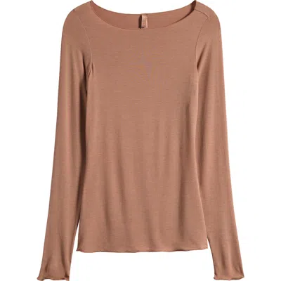 Skims Sheer Modal Blend Long Sleeve Boat Neck Top In Brown