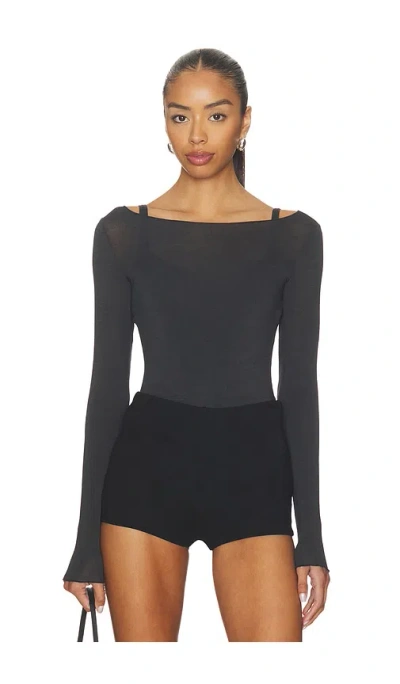 Skims Sheer Modal Long Sleeve Boat Neck T-shirt In Black