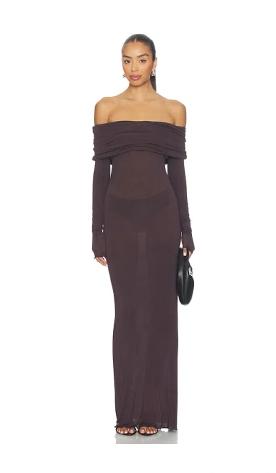 Skims Sheer Modal Off Shoulder Long Dress In Brown