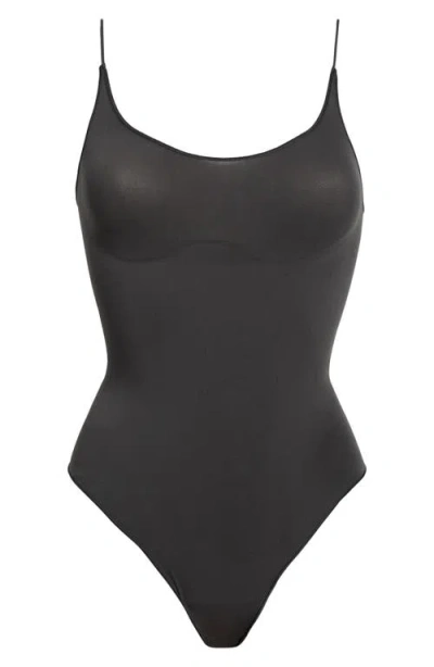 Skims Sheer Seamless Thong Bodysuit In Black