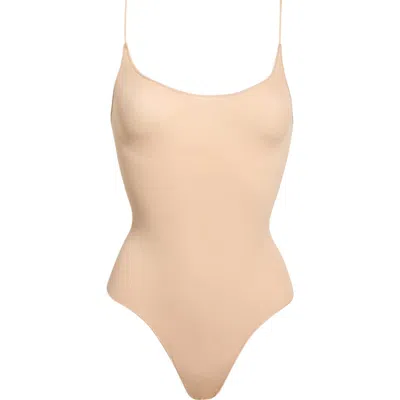 Skims Sheer Seamless Thong Bodysuit In Brown
