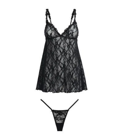 Skims Stretch Lace Babydoll And Thong Set In Black