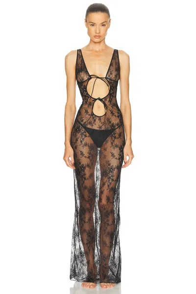 Skims Ultra Fine Lace Long Slip Dress In Black