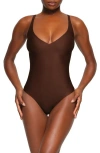 Skims Unlined Plunge Thong Bodysuit In Brown