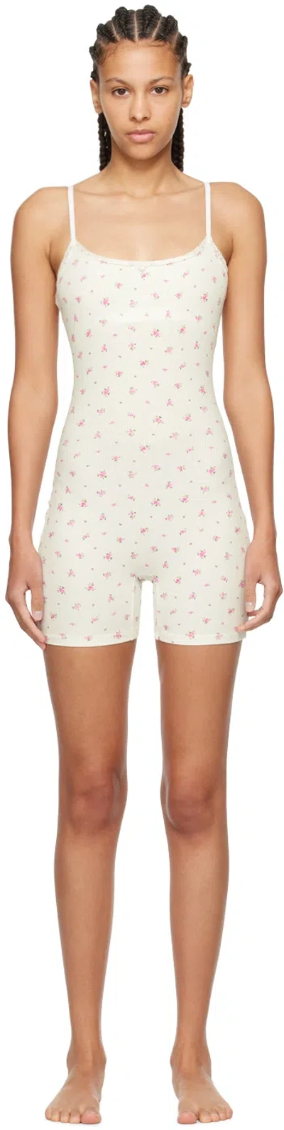 Skims White Soft Lounge Lace Romper In Neon Orchid Rose