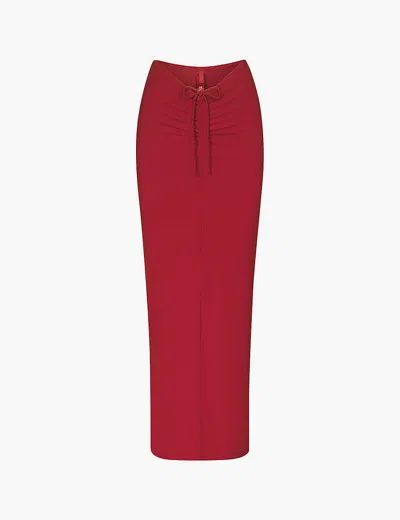 Skims Womens Brick Soft Long Ruched-front Stretch-jersey Maxi Skirt In Red