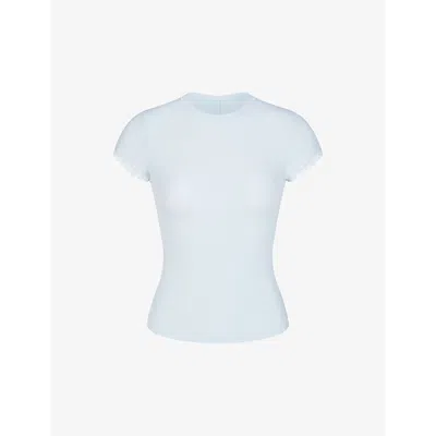 Skims Womens Celeste Short-sleeved Lace-trim Stretch-woven T-shirt In Opal