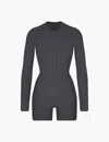 Skims Womens Graphite Button-up Long-sleeve Stretch-woven Henley Onesie In Graphite