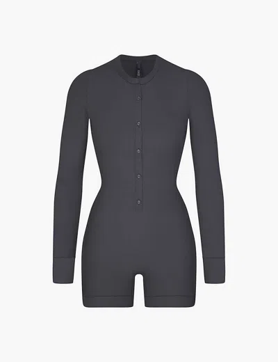 Skims Womens Graphite Button-up Long-sleeve Stretch-woven Henley Onesie