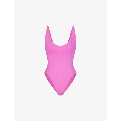 Skims Womens Neon Orchid Signature Swim Scoop-neck Stretch Recycled-nylon Swimsuit