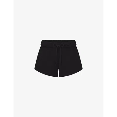 Skims Womens Onyx Drawstring Finished-hem Cotton-fleece Shorts