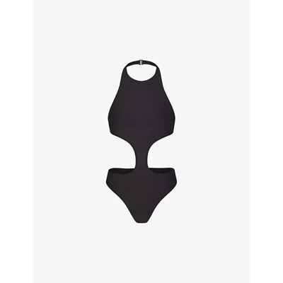 Skims Womens Onyx Signature Swim Halter-neck Stretch Recycled-nylon Swimsuit
