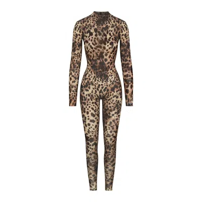 Pre-owned Skims Women's  X Dolce&gabbana Milky Sheer Mock Neck Catsuit In Leopard