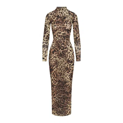 Pre-owned Skims Women's  X Dolce&gabbana Milky Sheer Mock Neck Long Dress In Leopard