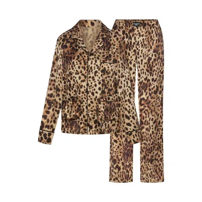 Pre-owned Skims Women's  X Dolce&gabbana Silk Long Sleeve Sleep Set In Leopard
