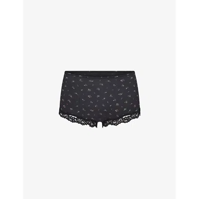 Skims Womens  Fits Everybody Lace-trim Stretch-woven Boy Shorts In Onyx Rosebud Print