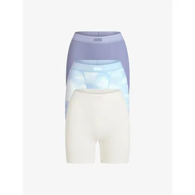 Skims Womens Ribbed High-rise Pack Of Three Cotton-jersey Boxers Blue Quartz Cloud Multi Xxs