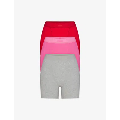 Skims Womens  Ribbed High-rise Pack Of Three Cotton-jersey Boxers In Multi