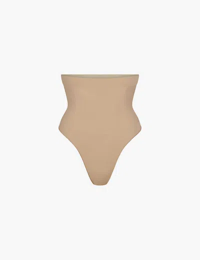 Skims Womens Clay Seamless Sculpt High-rise Stretch-woven Thong In Brown