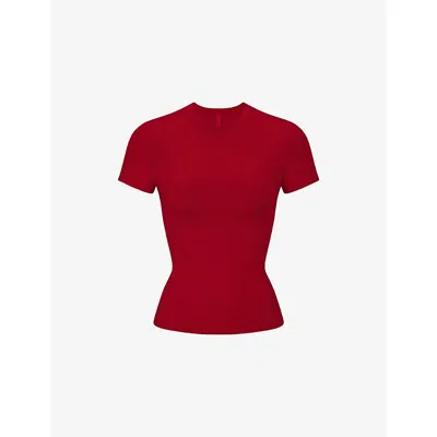 Skims Womens  Slim-fit Round-neck Stretch-cotton T-shirt In Brown