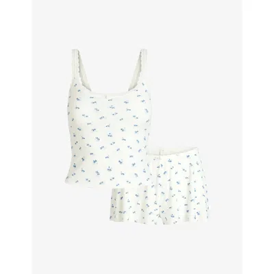 Skims Womens Soft Lounge Lace-trim Stretch-modal Cami And Short Set Blue Garden Print Xxl