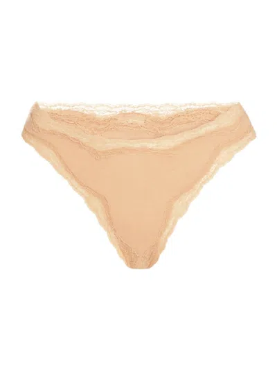 Skin Women's Genny Lace-trimmed Stretch Cotton Thong In Macadamia