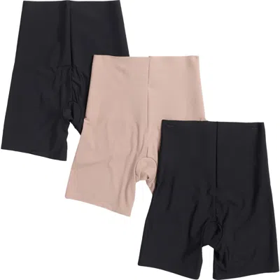 Skinny Girl 3-pack Perforated Shaping Shorts In Black/rose Sand/black