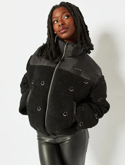 Skinnydip London Face Embroidered Borg Puffer Jacket In Gray
