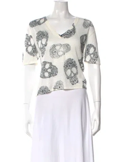 Pre-owned Skull Cashmere Linen Floral Print Sweater W/ Tags In White
