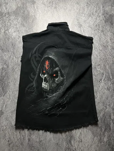 Pre-owned Skulls X Vintage Y2k Tribal Opium Skull Jeans Death Distressed Gothic Vest In Black