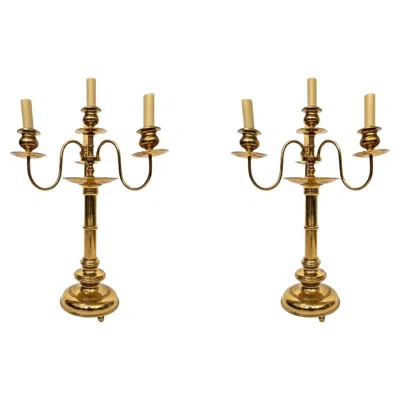 Pre-owned Skultuna A Pair Of Bronze Swedish  Four-light Candle Sticks In Gold