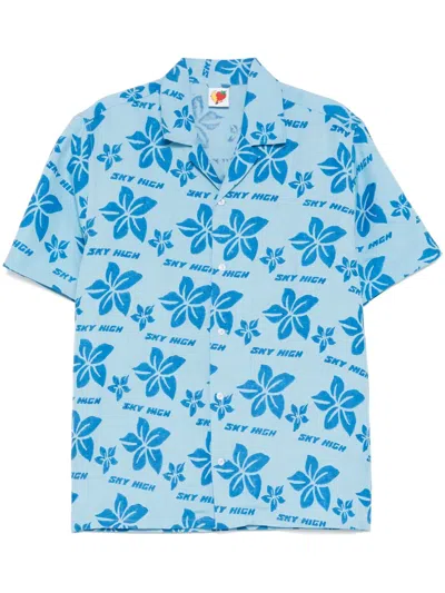 Sky High Farm Hand-block-print Short-sleeves Shirt In Supply Blue