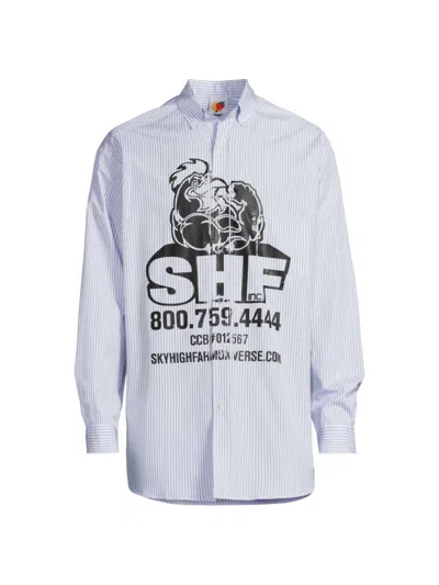 Sky High Farm Men's Chicken Logo Pinstriped Cotton Button-down Shirt In Blue