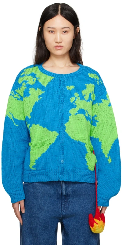 Sky High Farm Workwear Blue & Green World Map Stuffie Cardigan In 1 Blue