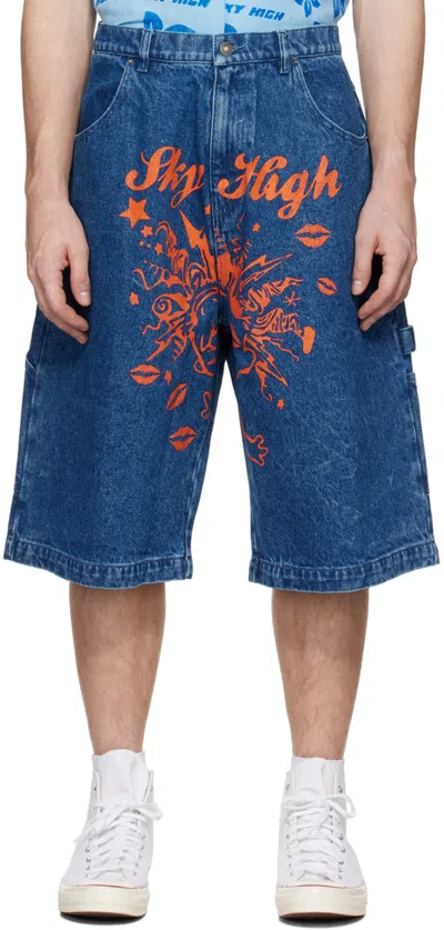 Sky High Farm Workwear Blue Mindblown Print Denim Shorts
