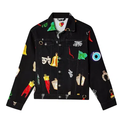 Pre-owned Sky High Farm Workwear Charm Print Denim Jacket 'black' | Men's Size Xxl