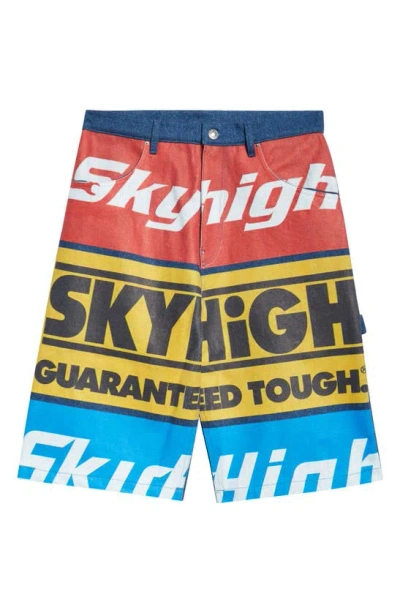 Sky High Farm Workwear Gender Inclusive Oversize Construction Logo Graphic Denim Carpenter Shorts In Blue Multi