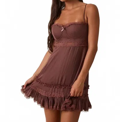 Sky To Moon Alyssa Sweetheart Neck Lace Trim Mini Dress In Brown