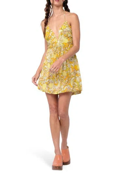 Sky To Moon Boho Floral Plunge Halter Minidress In Yellow