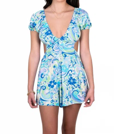 Sky To Moon Cutout Waist Swirl Print Romper In Waive Beach In Blue