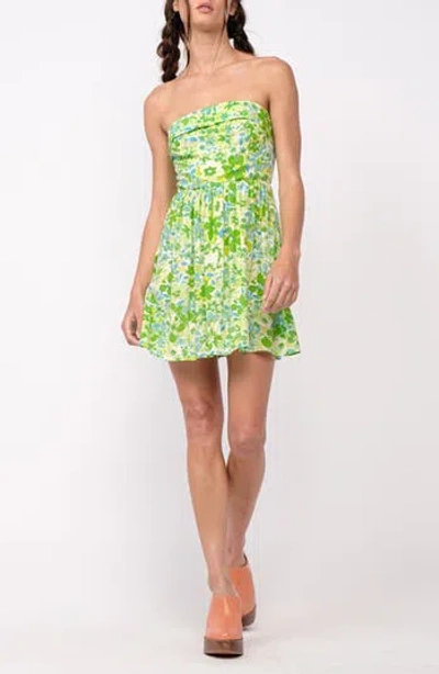 Sky To Moon Floral Folded Strapless Fit & Flare Minidress In Green