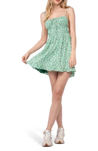 Sky To Moon Floral Tie Open Back Cotton Minidress In Green